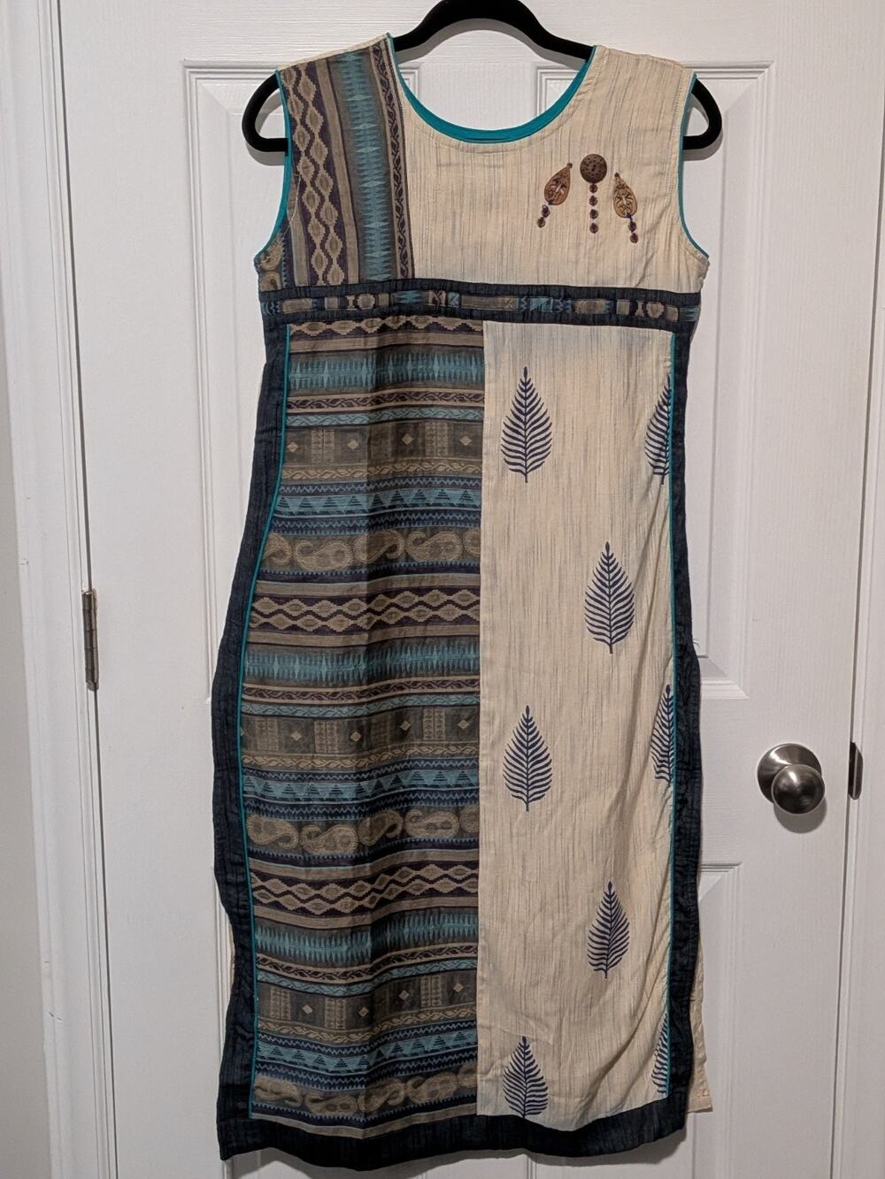 Boho Mixed Print Sleeveless Kurta Tunic Dress Indigo Cream Large Geometric Leaf
